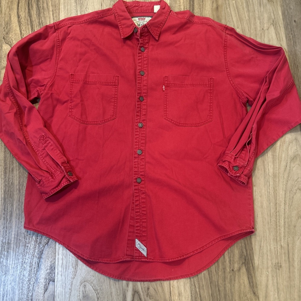 VTG Levis Shirt Mens XL Red Denim Button Up Utility Work‎ Jacket Shacket 90s Y2K